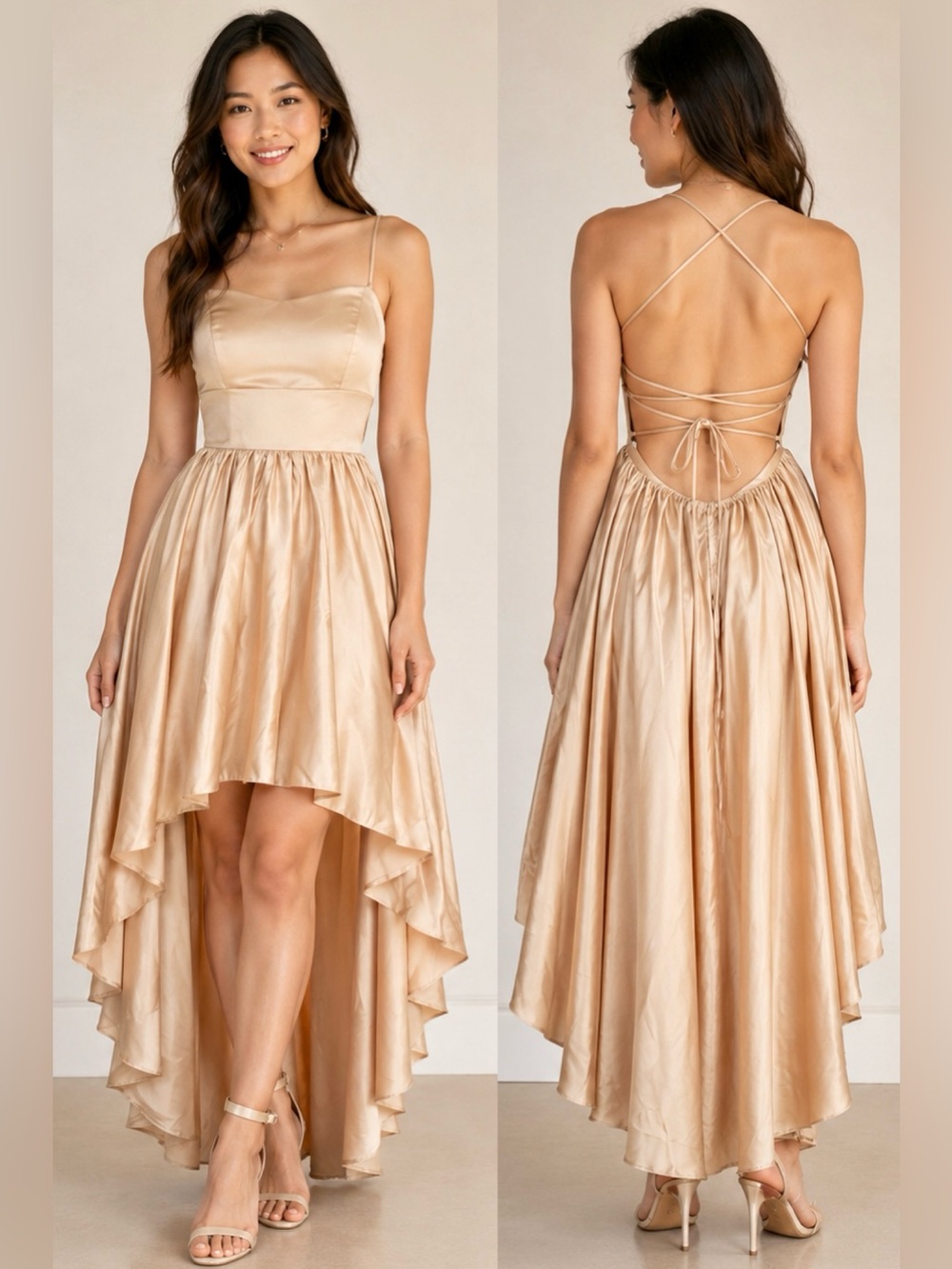 JJ’s House Champagne Satin High-Low Lace-Up Open Back Cocktail Dress | 6